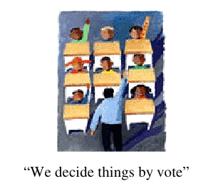 Classroom with hands raised